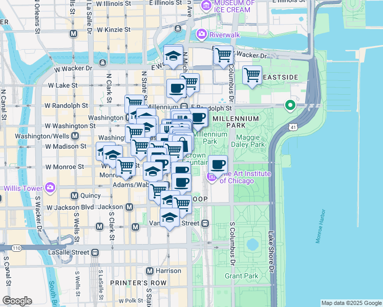 map of restaurants, bars, coffee shops, grocery stores, and more near 93 Michigan Avenue in Chicago