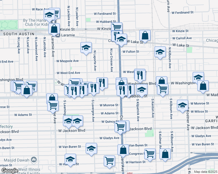 map of restaurants, bars, coffee shops, grocery stores, and more near 4843 West Washington Boulevard in Chicago