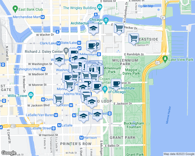 map of restaurants, bars, coffee shops, grocery stores, and more near 5 South Wabash Avenue in Chicago