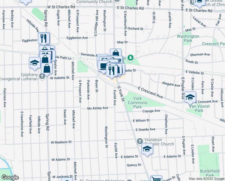 map of restaurants, bars, coffee shops, grocery stores, and more near 606 Euclid Avenue in Elmhurst