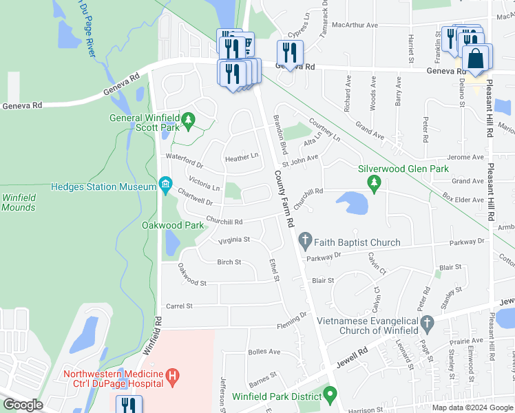 map of restaurants, bars, coffee shops, grocery stores, and more near 27W157 Chartwell Drive in Winfield