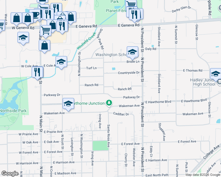 map of restaurants, bars, coffee shops, grocery stores, and more near 608 Ranch Road in Wheaton