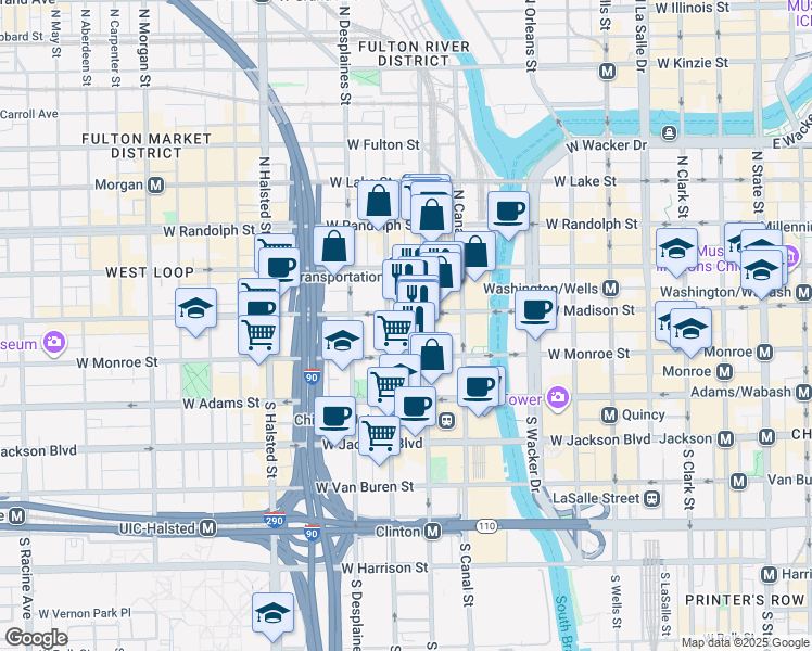 map of restaurants, bars, coffee shops, grocery stores, and more near 575 West Madison Street in Chicago