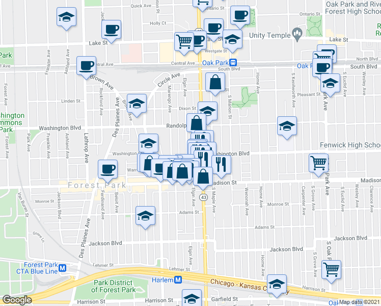 map of restaurants, bars, coffee shops, grocery stores, and more near 252 Elgin Avenue in Forest Park