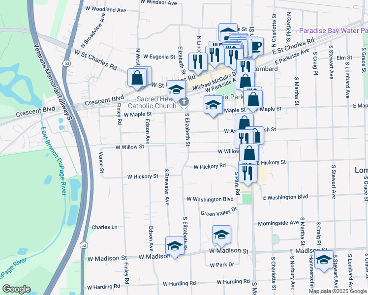 map of restaurants, bars, coffee shops, grocery stores, and more near 326 South Elizabeth Street in Lombard