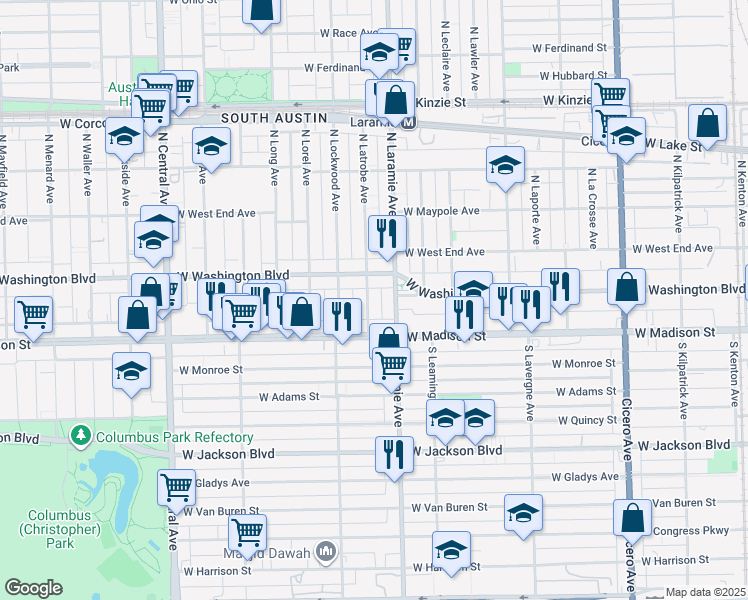 map of restaurants, bars, coffee shops, grocery stores, and more near 35 North Latrobe Avenue in Chicago