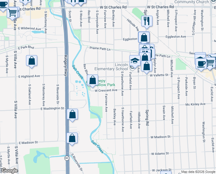 map of restaurants, bars, coffee shops, grocery stores, and more near 615 South Fairview Avenue in Elmhurst