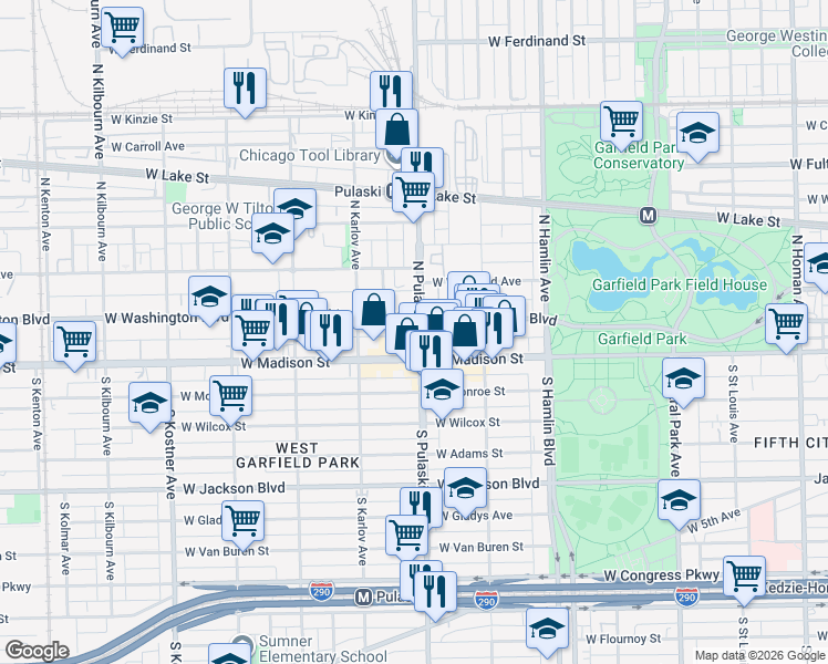 map of restaurants, bars, coffee shops, grocery stores, and more near 20 N Pulaski Rd in Chicago