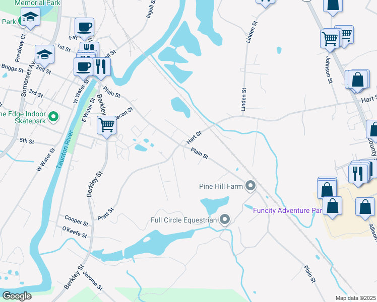 map of restaurants, bars, coffee shops, grocery stores, and more near 104 Plain Street in Taunton