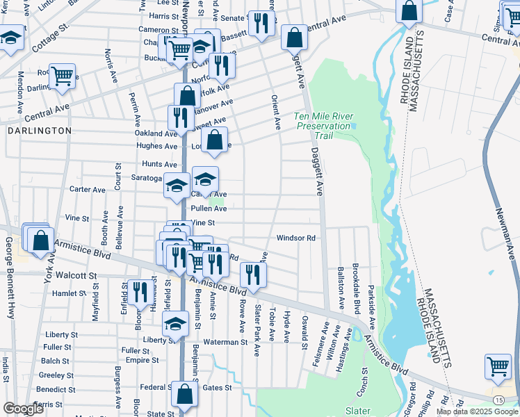 map of restaurants, bars, coffee shops, grocery stores, and more near 255 Pullen Avenue in Pawtucket