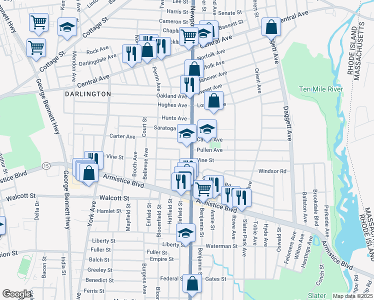 map of restaurants, bars, coffee shops, grocery stores, and more near 62 Wallace Street in Pawtucket