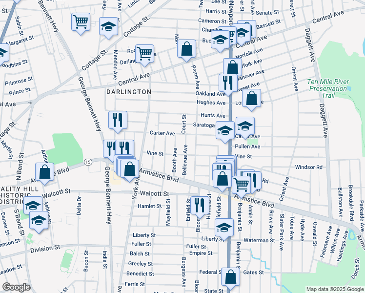 map of restaurants, bars, coffee shops, grocery stores, and more near 105 Bellevue Avenue in Pawtucket