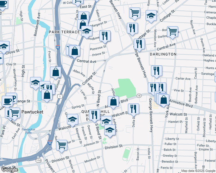 map of restaurants, bars, coffee shops, grocery stores, and more near 82 Arthur Street in Pawtucket
