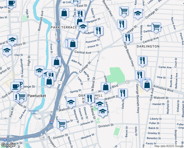 map of restaurants, bars, coffee shops, grocery stores, and more near 144 North Bend Street in Pawtucket