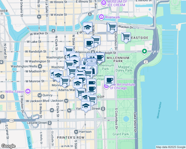 map of restaurants, bars, coffee shops, grocery stores, and more near 93 Michigan Avenue in Chicago
