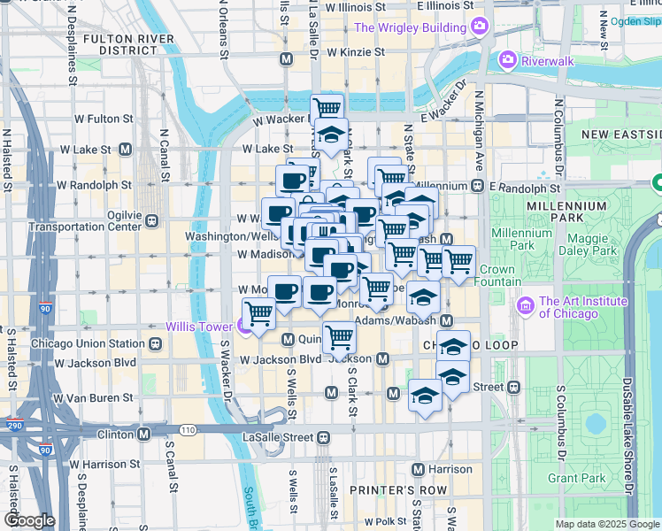 map of restaurants, bars, coffee shops, grocery stores, and more near 100 West Monroe Street in Chicago