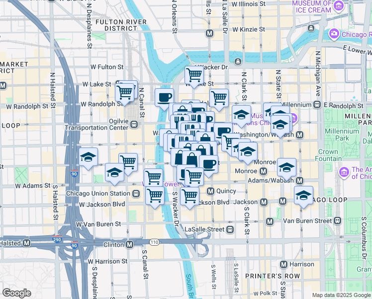 map of restaurants, bars, coffee shops, grocery stores, and more near One South Wacker Drive in Chicago