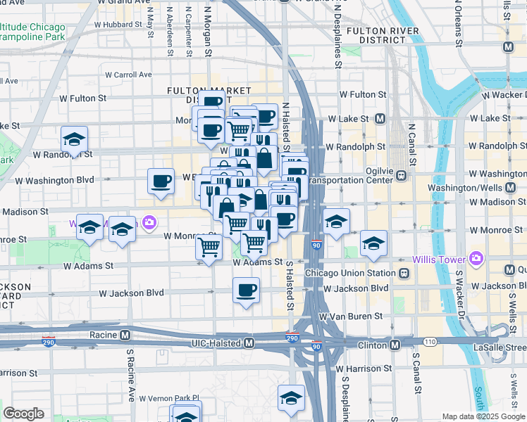 map of restaurants, bars, coffee shops, grocery stores, and more near 855 West Madison Street in Chicago