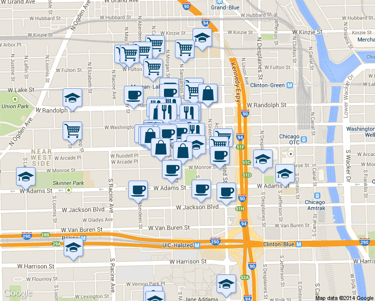 map of restaurants, bars, coffee shops, grocery stores, and more near 940 West Madison Street in Chicago