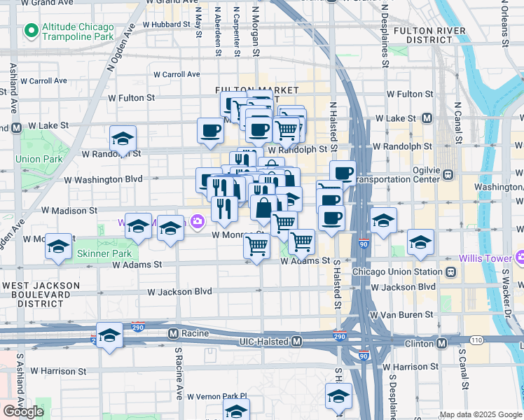 map of restaurants, bars, coffee shops, grocery stores, and more near 1015 West Madison Street in Chicago