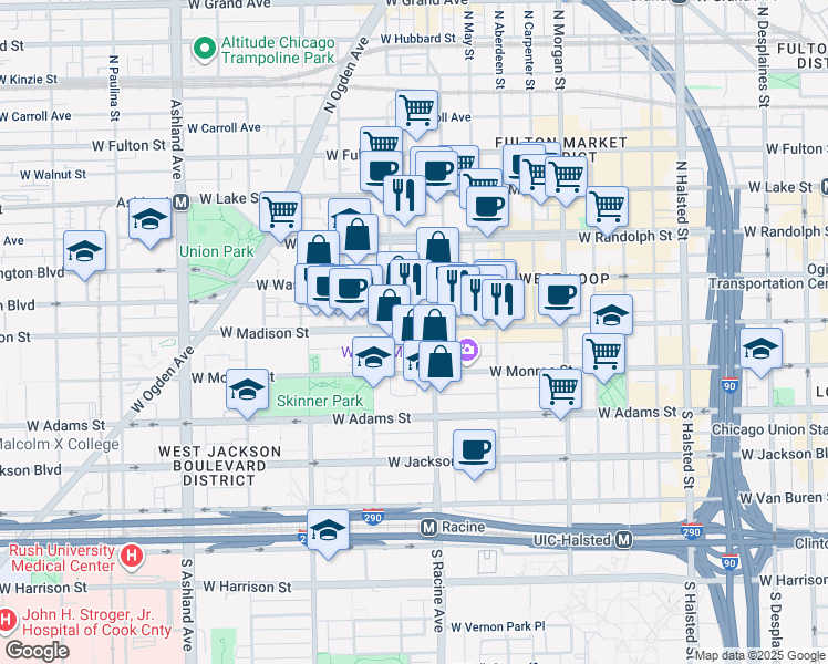 map of restaurants, bars, coffee shops, grocery stores, and more near 1237 West Madison Street in Chicago