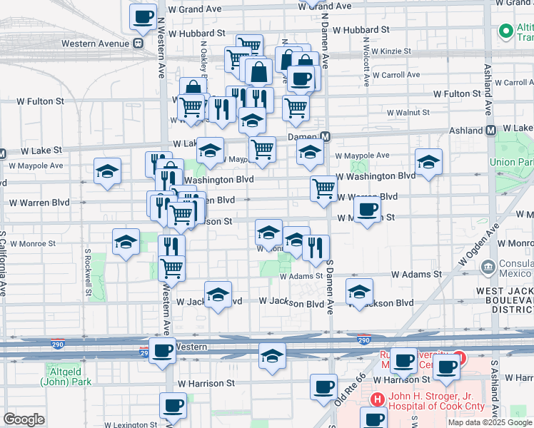 map of restaurants, bars, coffee shops, grocery stores, and more near 2150 West Madison Street in Chicago