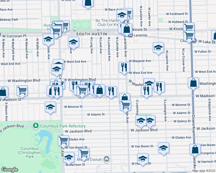 map of restaurants, bars, coffee shops, grocery stores, and more near 52 North Lockwood Avenue in Chicago