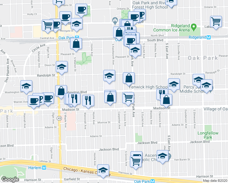 map of restaurants, bars, coffee shops, grocery stores, and more near 853 Washington Boulevard in Oak Park