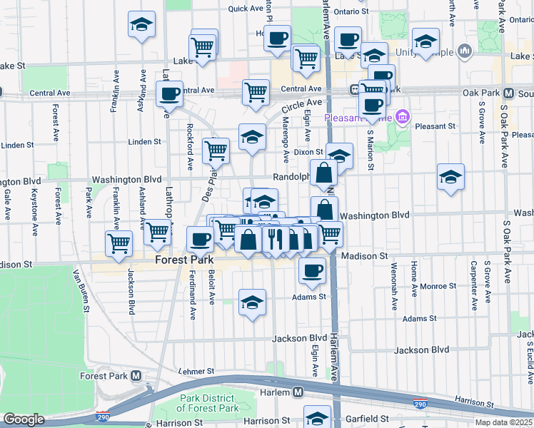 map of restaurants, bars, coffee shops, grocery stores, and more near 300 Circle Avenue in Forest Park
