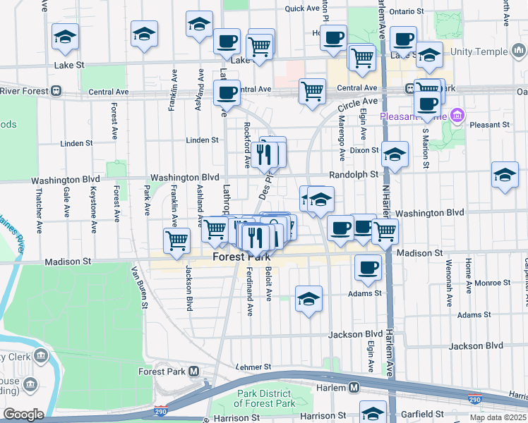 map of restaurants, bars, coffee shops, grocery stores, and more near 241 Des Plaines Avenue in Forest Park