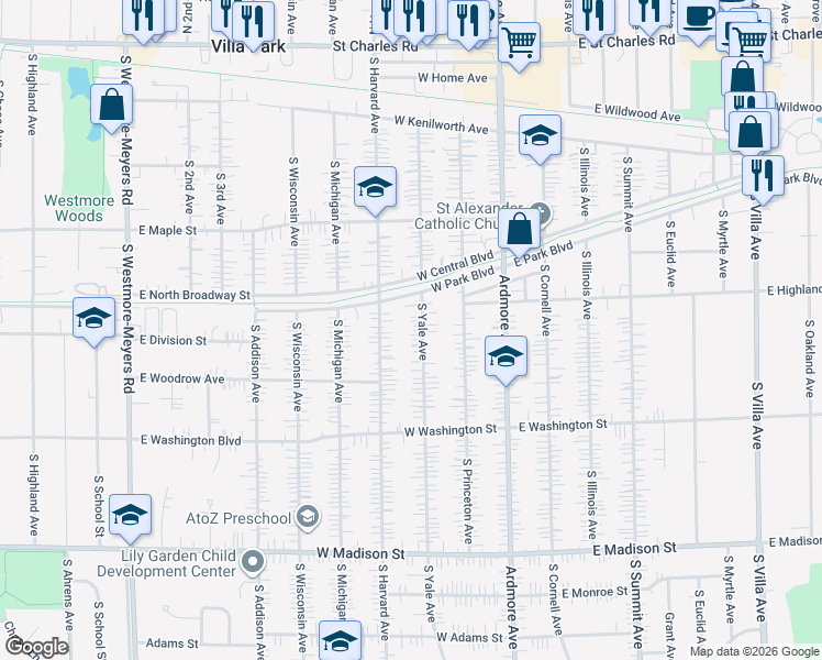 map of restaurants, bars, coffee shops, grocery stores, and more near 428 South Yale Avenue in Villa Park