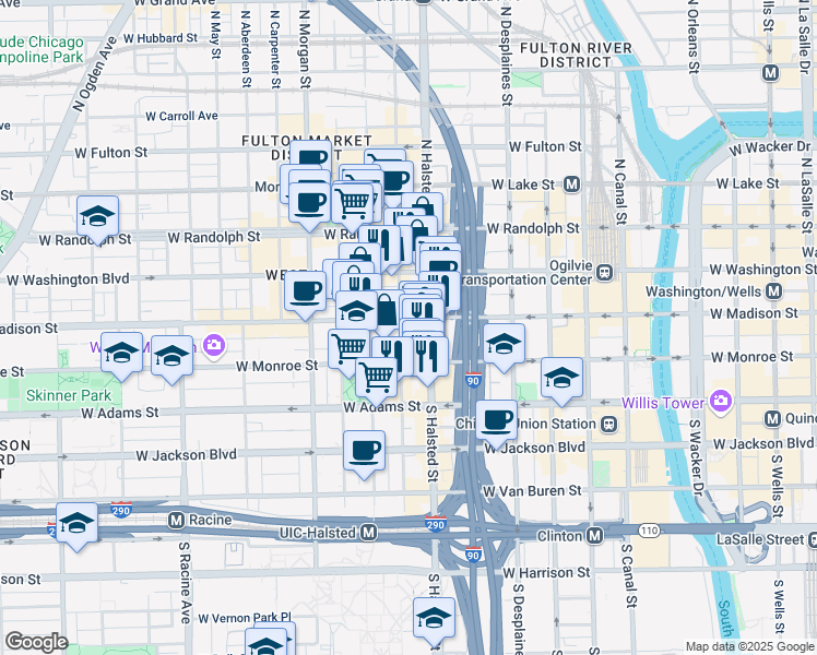 map of restaurants, bars, coffee shops, grocery stores, and more near 11 South Green Street in Chicago