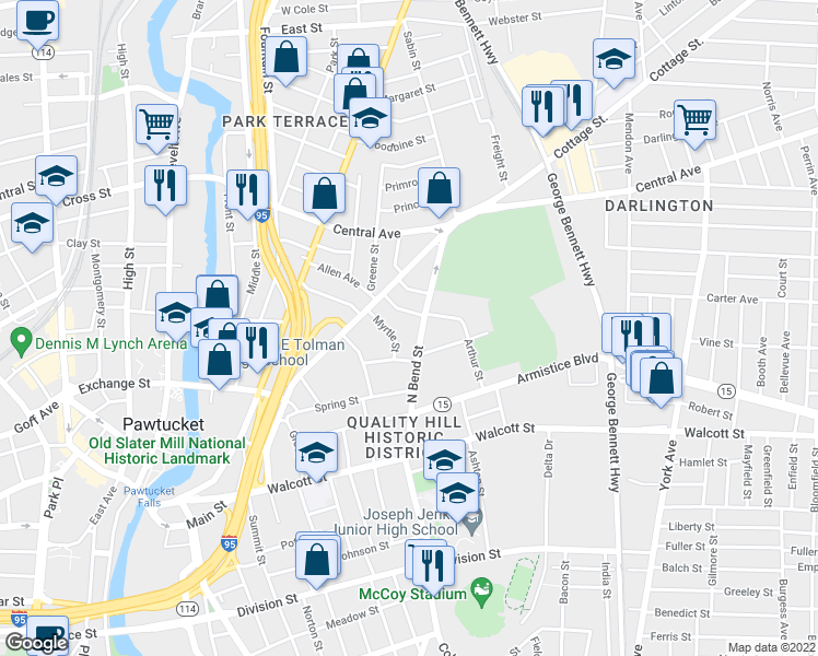 map of restaurants, bars, coffee shops, grocery stores, and more near 144 N Bend St in Pawtucket