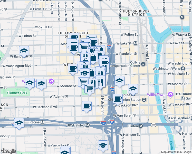 map of restaurants, bars, coffee shops, grocery stores, and more near 11 South Green Street in Chicago