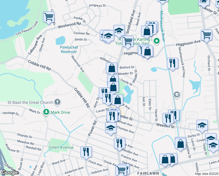 map of restaurants, bars, coffee shops, grocery stores, and more near 201 Reservoir Avenue in Lincoln
