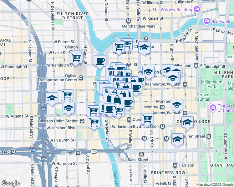 map of restaurants, bars, coffee shops, grocery stores, and more near 303 West Madison Street in Chicago