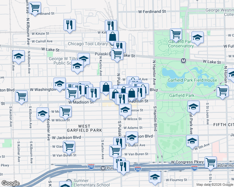 map of restaurants, bars, coffee shops, grocery stores, and more near 20 North Pulaski Road in Chicago