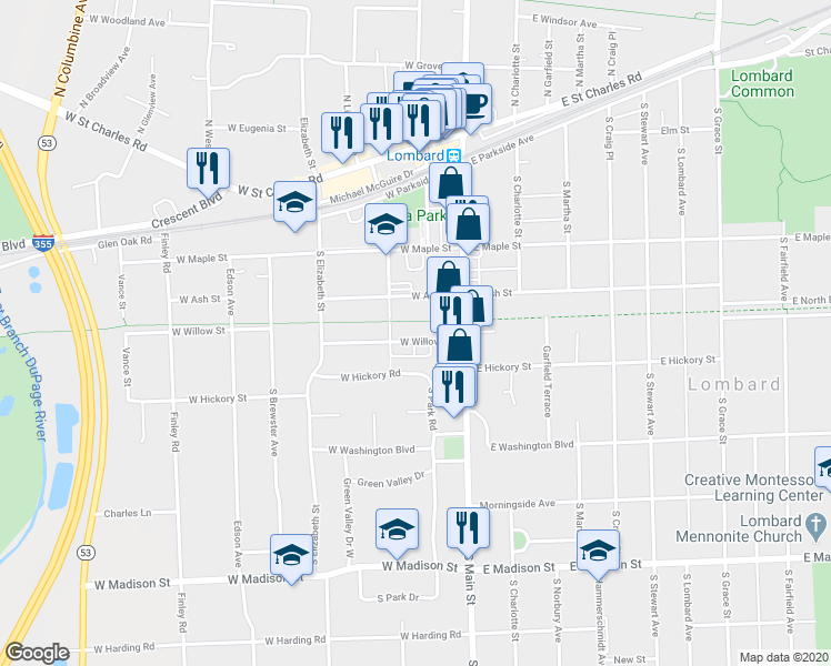 map of restaurants, bars, coffee shops, grocery stores, and more near 110 West Willow Street in Lombard