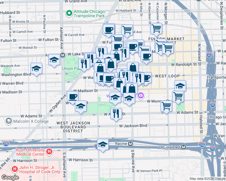 map of restaurants, bars, coffee shops, grocery stores, and more near 1311-1327 West Madison Street in Chicago