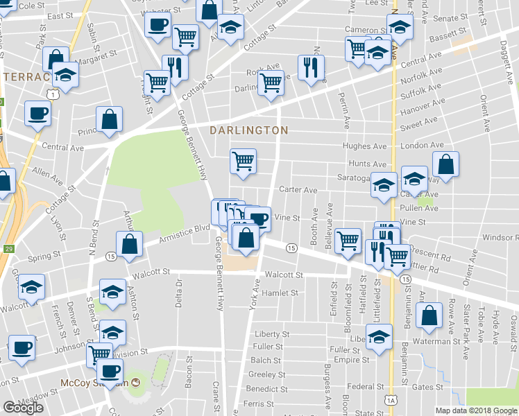 map of restaurants, bars, coffee shops, grocery stores, and more near 61 Nye Street in Pawtucket