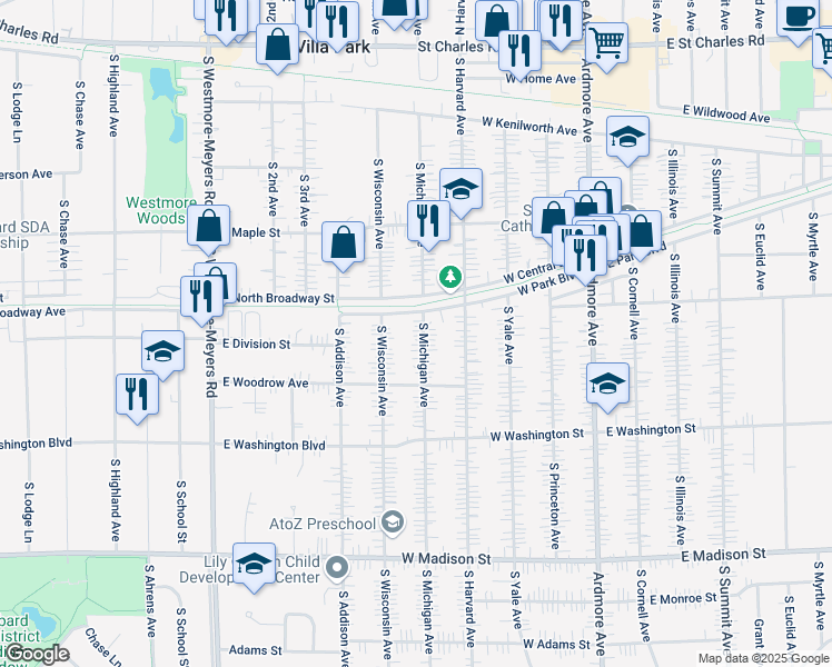 map of restaurants, bars, coffee shops, grocery stores, and more near 414 South Michigan Avenue in Villa Park