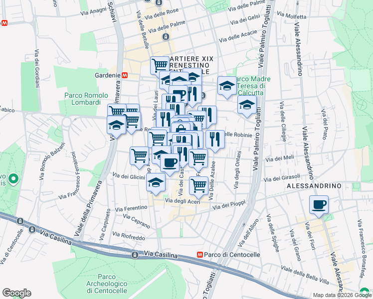 map of restaurants, bars, coffee shops, grocery stores, and more near 28 Piazza dei Mirti in Roma