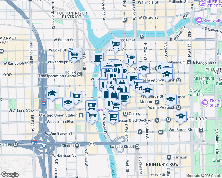 map of restaurants, bars, coffee shops, grocery stores, and more near 1 South Wacker Drive in Chicago