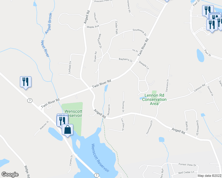 map of restaurants, bars, coffee shops, grocery stores, and more near 266 Twin River Rd in Lincoln