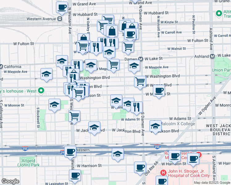 map of restaurants, bars, coffee shops, grocery stores, and more near 2150 West Madison Street in Chicago