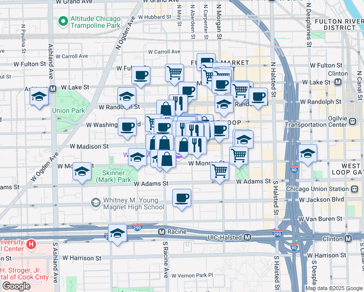 map of restaurants, bars, coffee shops, grocery stores, and more near 1131 West Madison Street in Chicago