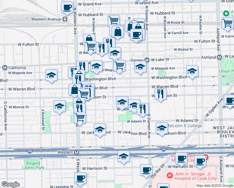 map of restaurants, bars, coffee shops, grocery stores, and more near 2150 West Madison Street in Chicago