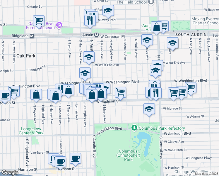 map of restaurants, bars, coffee shops, grocery stores, and more near 44 North Mayfield Avenue in Chicago