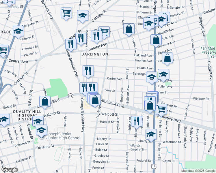 map of restaurants, bars, coffee shops, grocery stores, and more near 84 Harcourt Avenue in Pawtucket