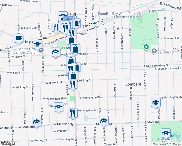 map of restaurants, bars, coffee shops, grocery stores, and more near 332 Garfield Terrace in Lombard